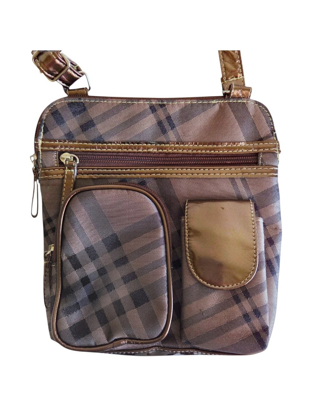 Vintage Y2K crossbody purse bag brown tartan plaid metallic bronze adjustable